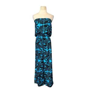 Coral of the Sea blue black floral strapless wide leg jumpsuit size Small